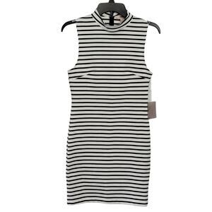Forever21 Black Cream Striped Dress NEW Midi Stretch Bodycon Sleeveless Womens S